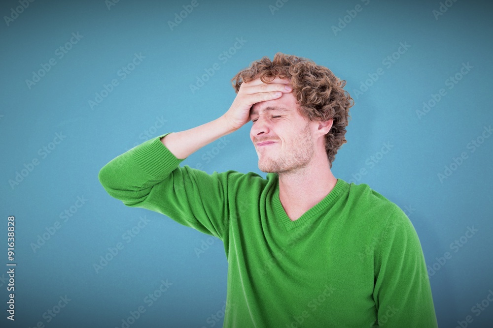 Composite image of anxious casual man standing 