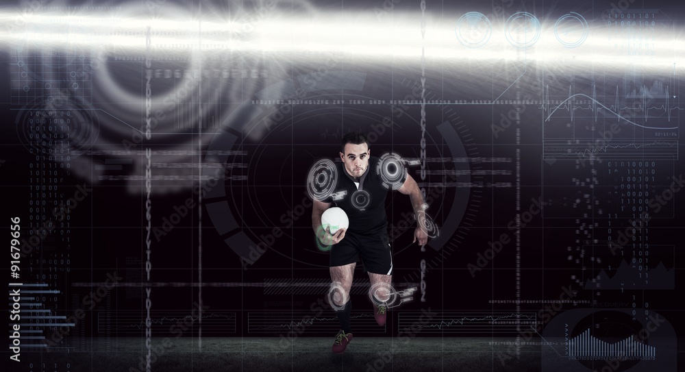 Composite image of rugby player running with the ball