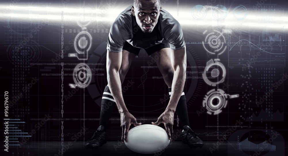 Composite image of sportsman holding ball while playing rugby