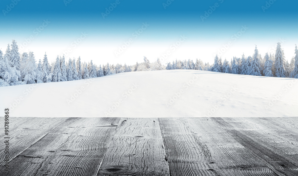 Winter snowy landscape with wooden planks