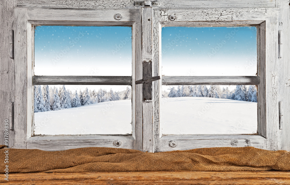 Vintage wooden window overlook winter landscape