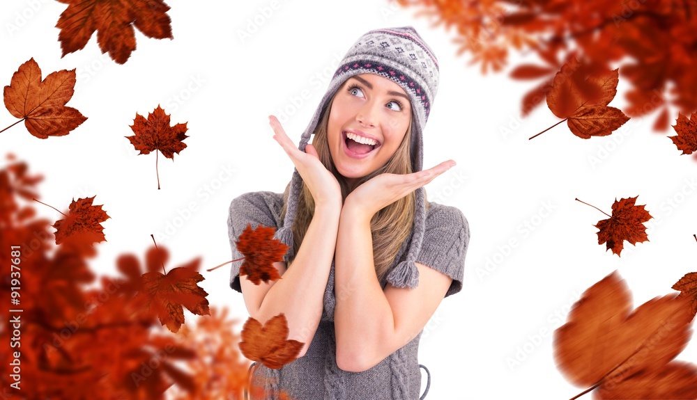 Composite image of happy blonde in winter clothes posing