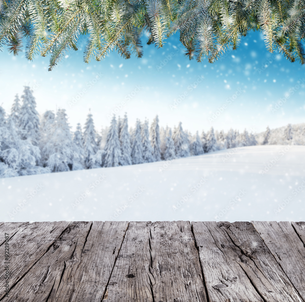 Winter landscape with wooden planks