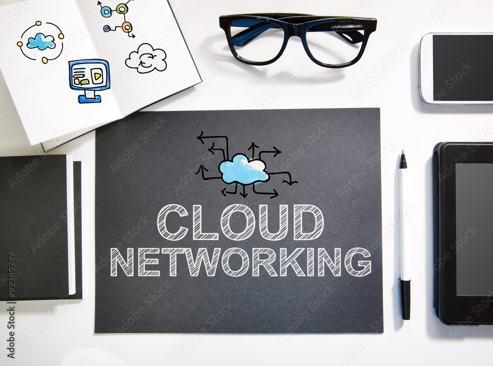 Cloud Networking concept with black and white workstation