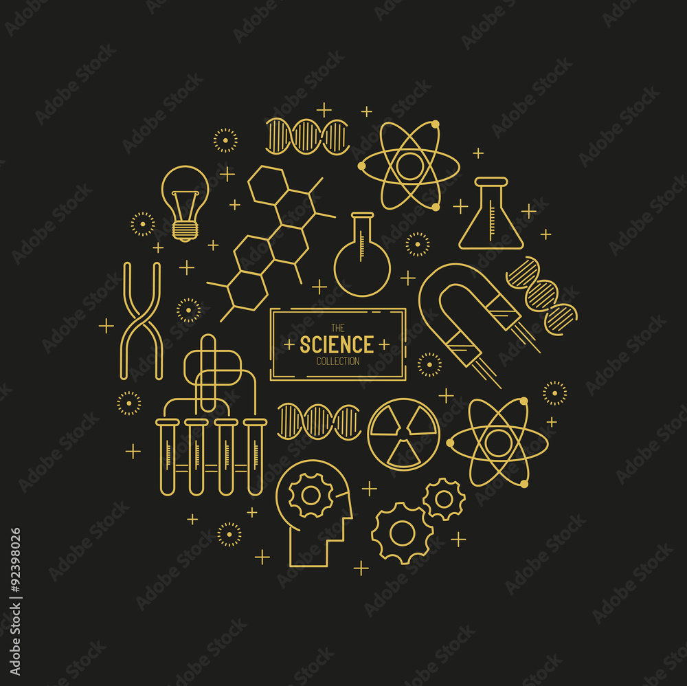 Science Vector Icon Set. A collection of gold science themed line icons including a atom, chemistry 