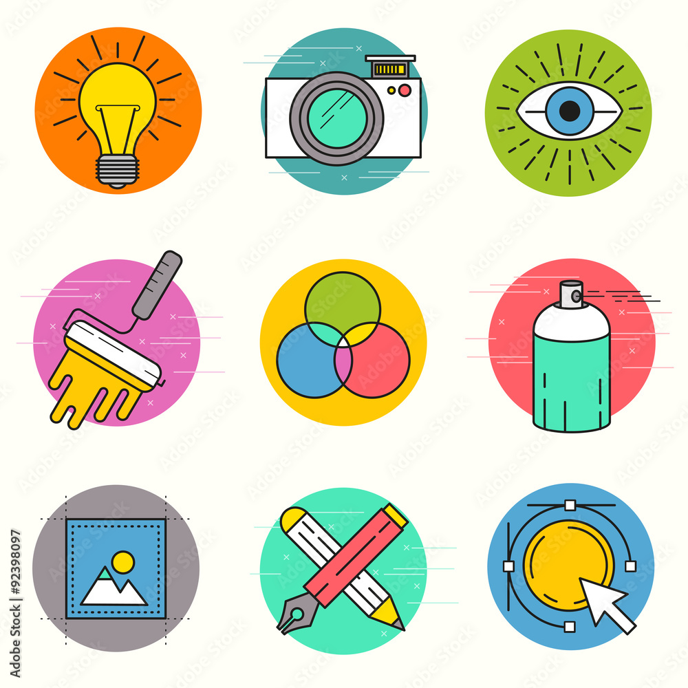 Creative Vector Icon Set. A collection of design themed line icons including art tools, digital desi