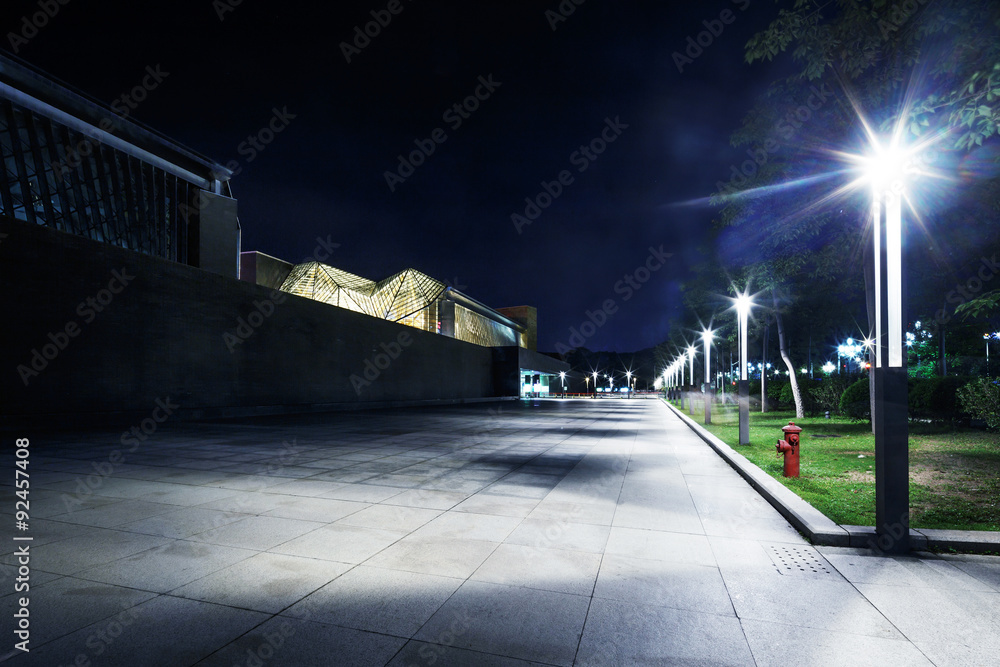 night scene of street and park