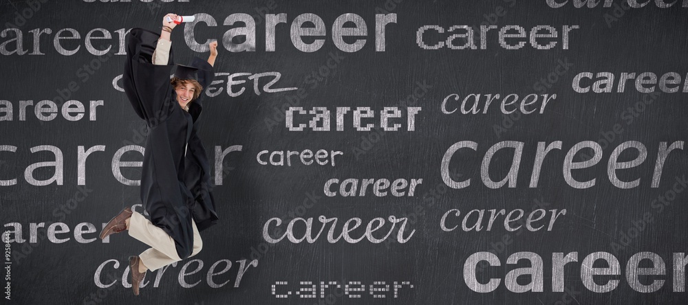 Composite image of happy male student in graduate robe jumping