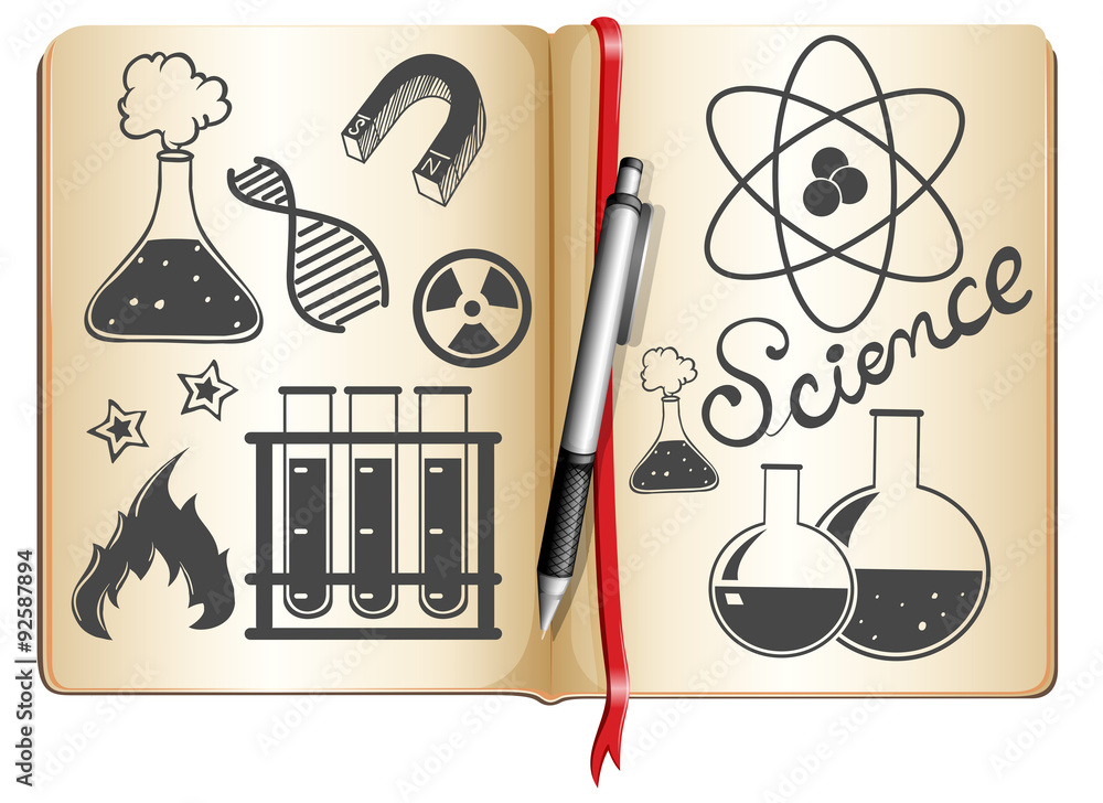 Science and technology symbols on book