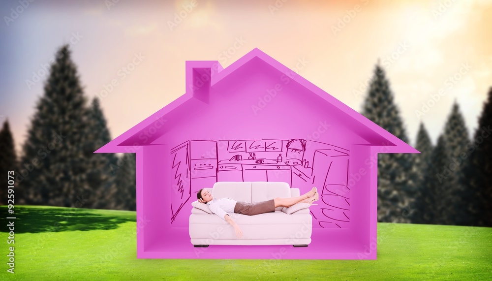 Composite image of well dressed young woman sleeping on sofa