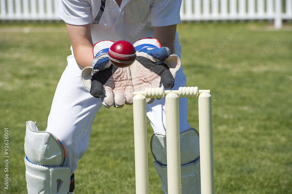 Cricket keeper catches the ball on the field