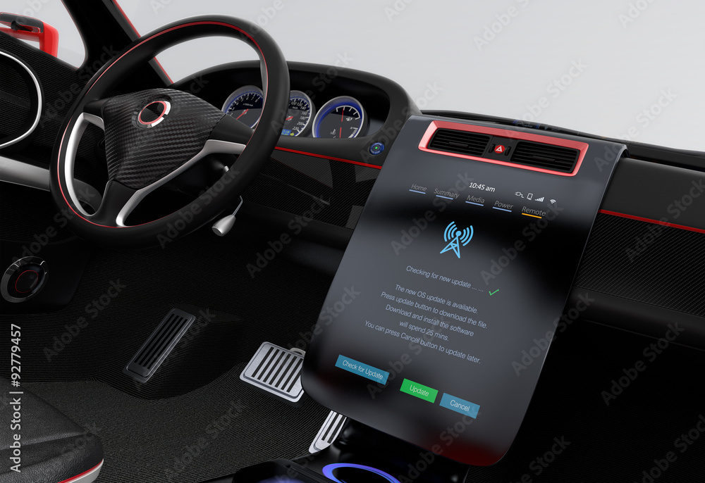 Update software by operating car center console. IoT concept.