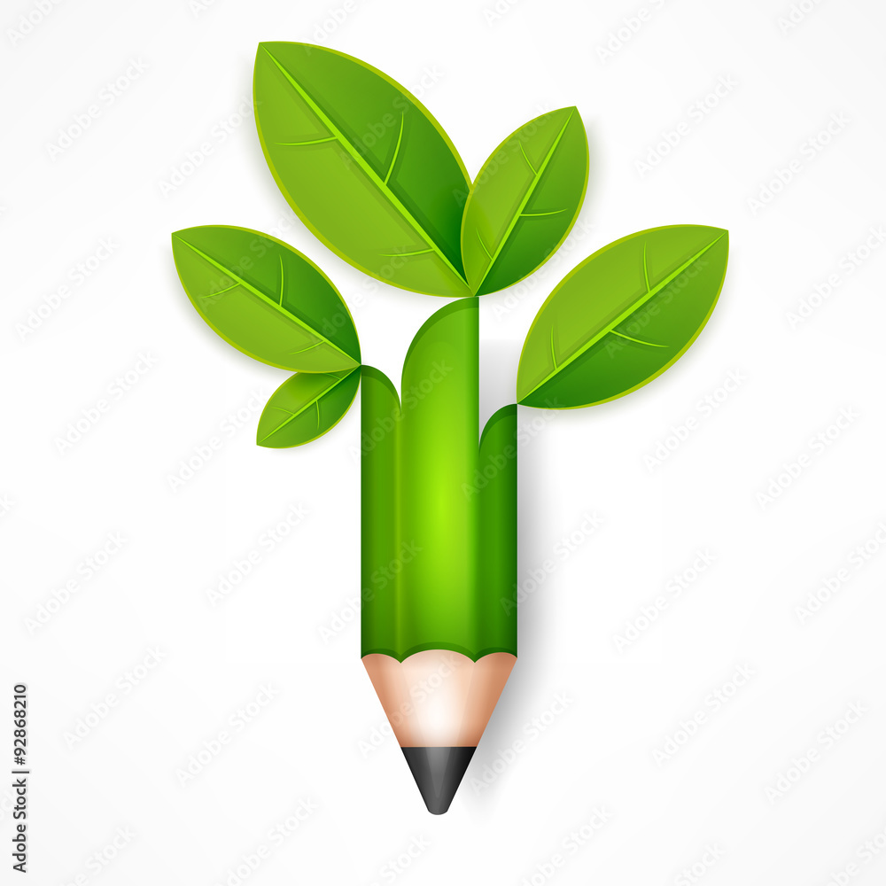 Creative pencil with green leaves on white, illustration 