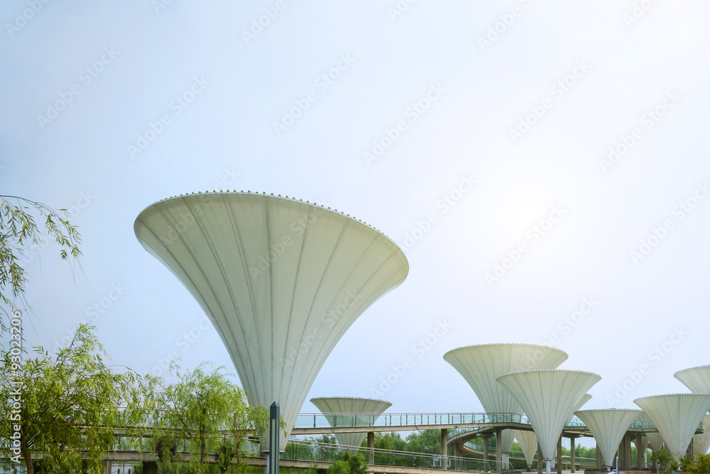 a modern square with mushroom shaped lamp