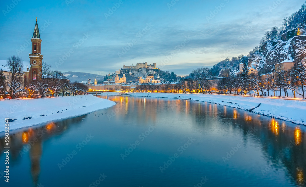 Historic city of Salzburg in winter at dusk, Austria