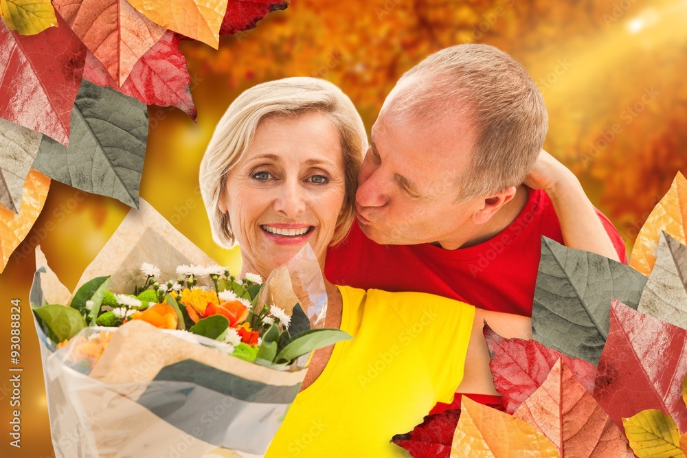 Composite image of mature man kissing his partner