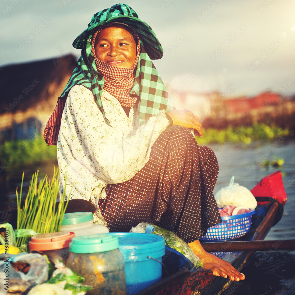 Local Cambodian Seller Floating Market Siem Reap Concept