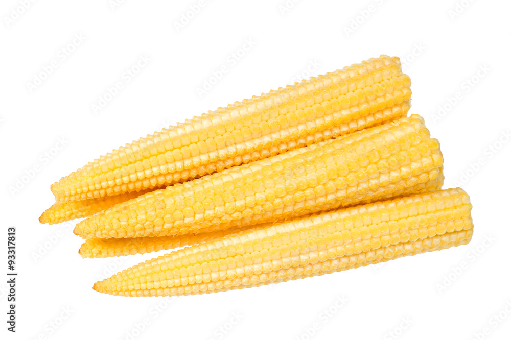 Baby corn on a white background, close-up