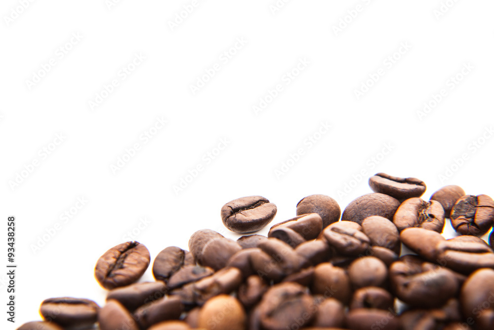 Roasted coffee beans. All on white background