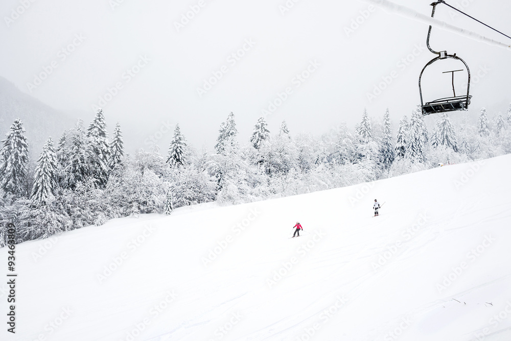 KOLASIN, MONTENEGRO - FEBRUARY 1: Ski slopes among coniferous