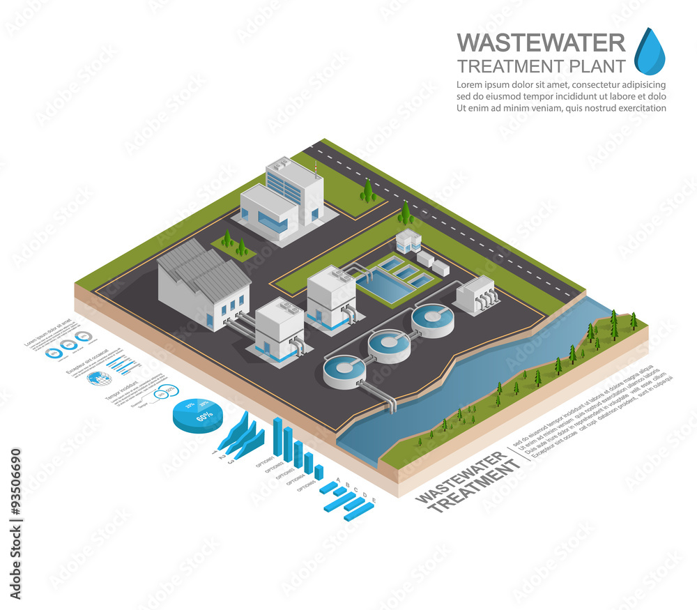 等距污水处理厂信息图概念，矢量