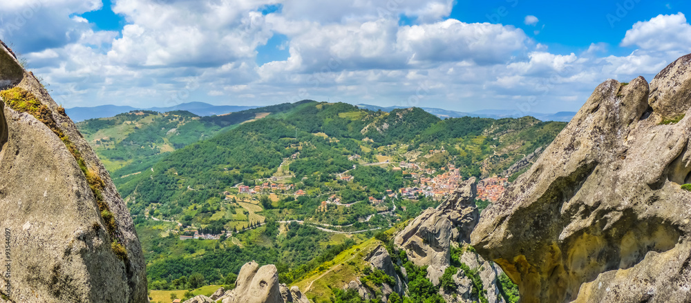 Lucan Dolomites with beautiful mountain village of Castelmezzano, Basilicata, Italy