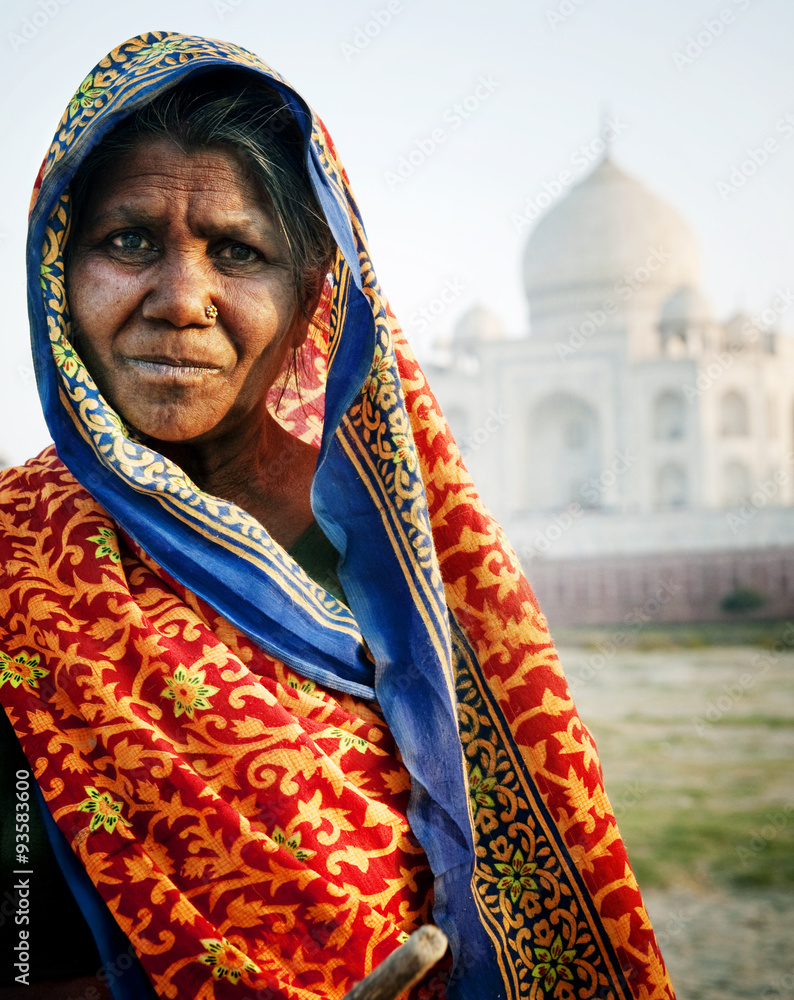 Indigenous Indian Woman And Taj Mahal Backgroud Concept