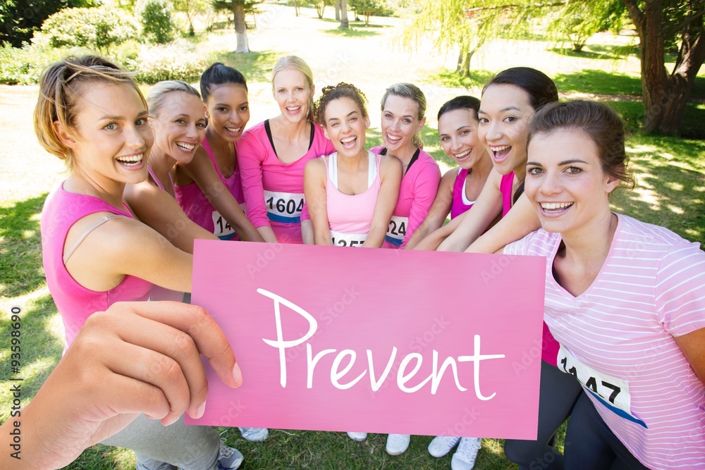 Prevent pink sign against smiling women running