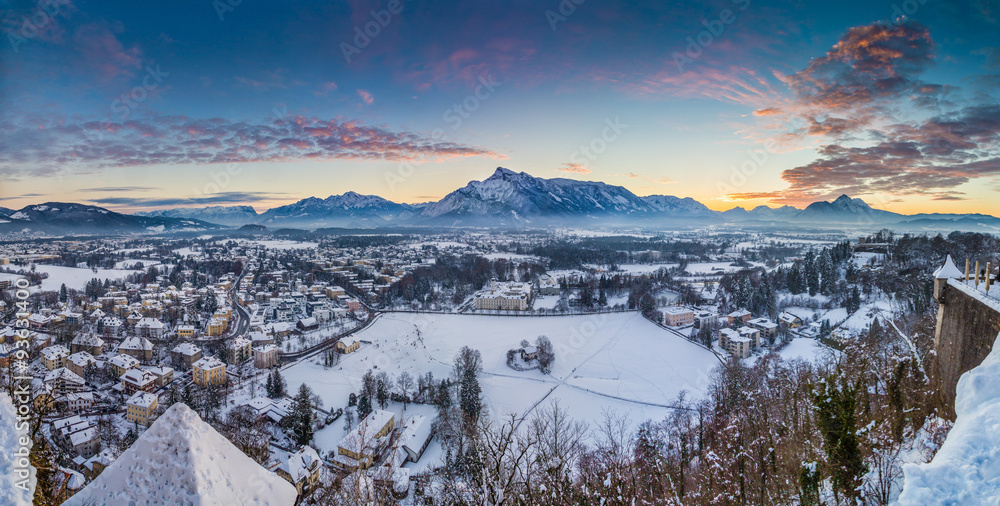 Salzburg winter panorama at sunset, Austria