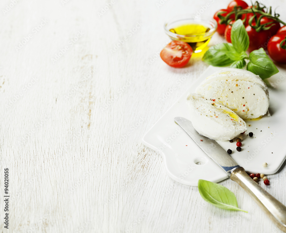 mozzarella, organic cherry tomatoes and fresh basil