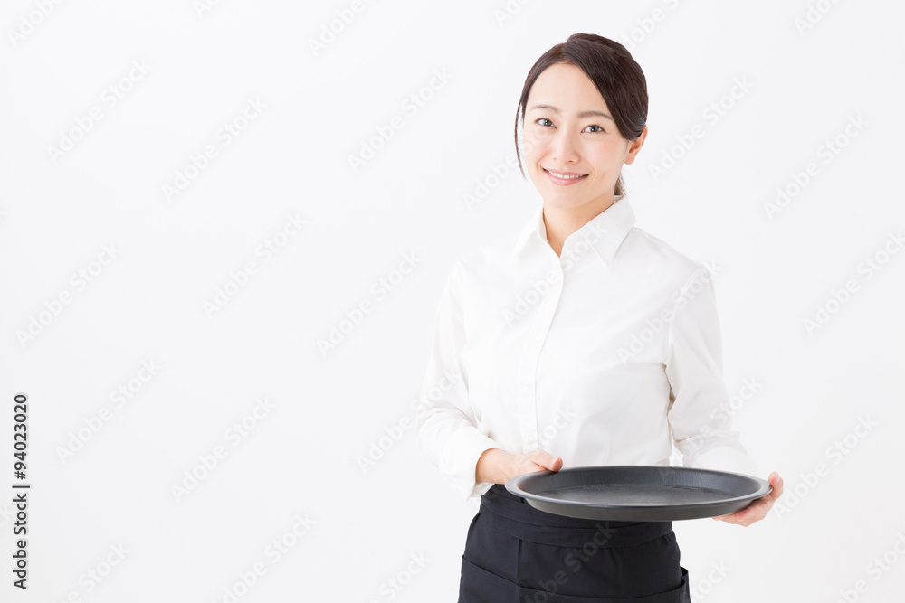 portrait of asian waitress on white background