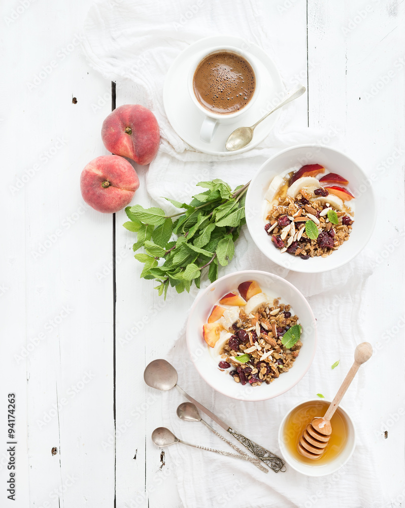 Healthy breakfast. Bowl of oat granola with yogurt, fresh fruit