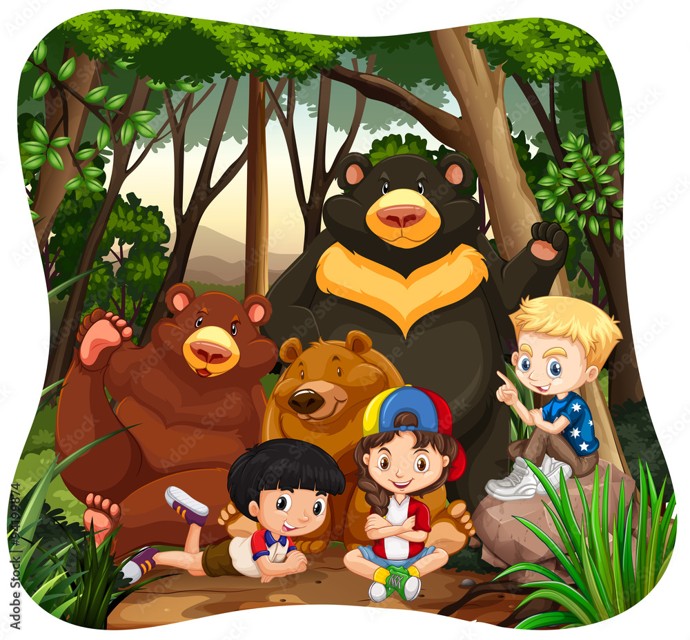 Children and grizzly bears in the jungle