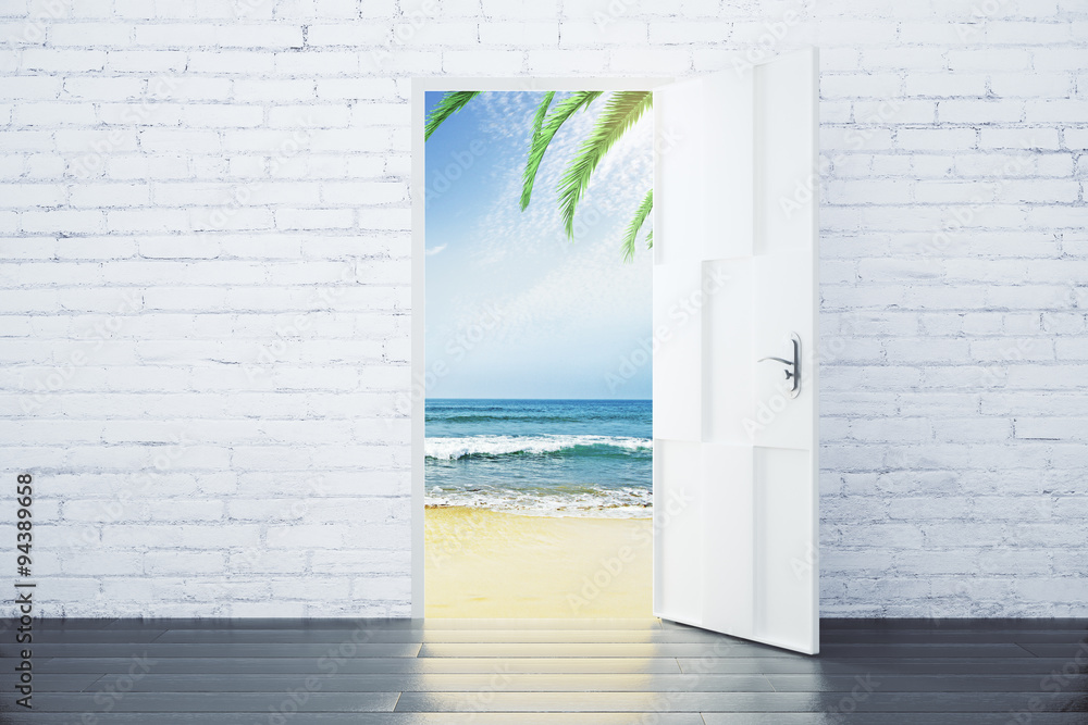 Open door in a beach with ocean waves and palm trees, concept