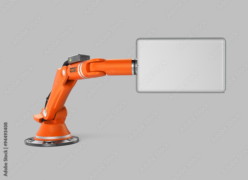 Orange robotic arm holding a blank sign board