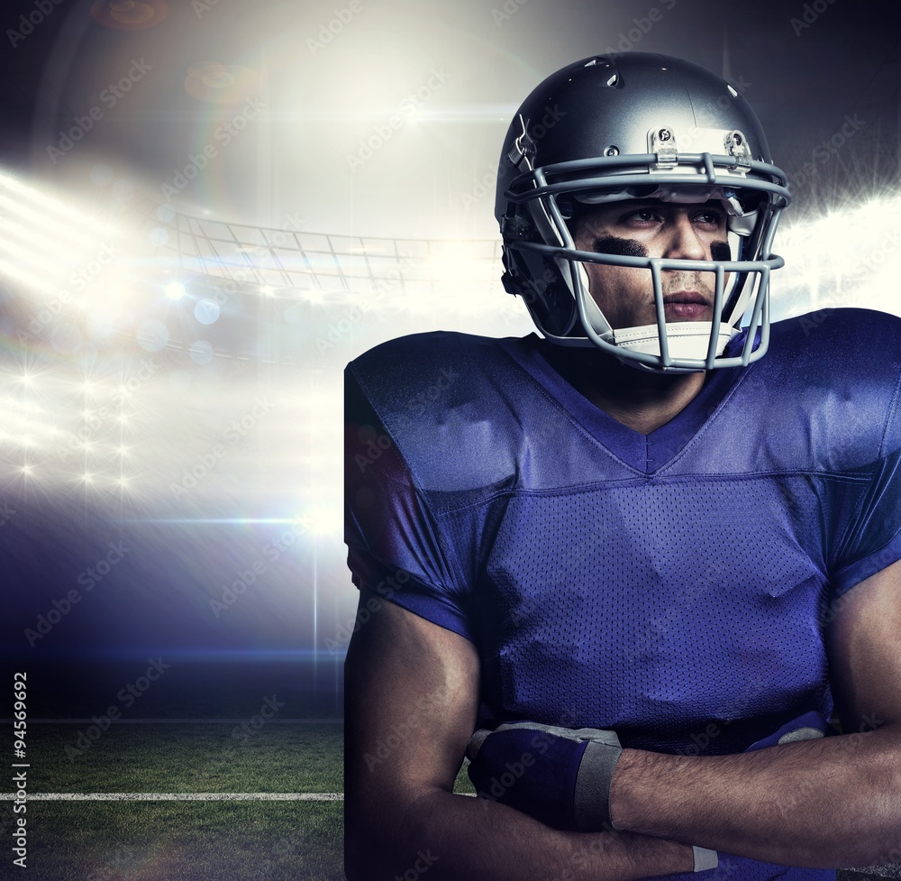 Composite image of confident american football player