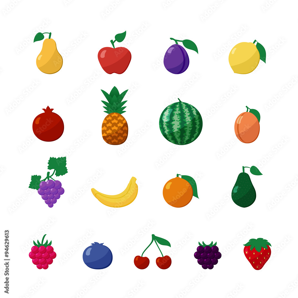 Vector Icons Fruits and Berries in Flat Style Set Isolated over White