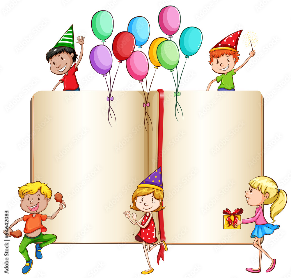 Children celebrating and a book