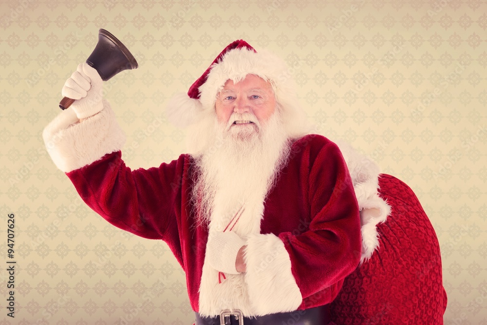 Composite image of happy santa ringing a bell