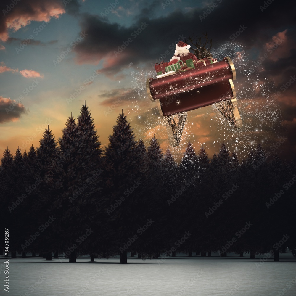 Composite image of santa flying his sleigh