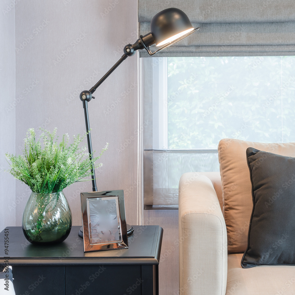 modern living room with black lamp on table side