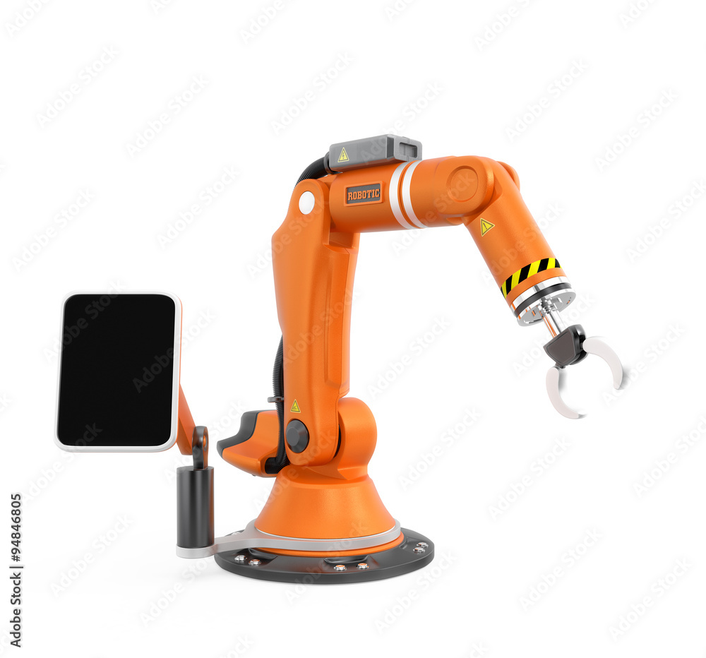 Orange robotic arm with touch panel screen. User can setting task schedule by this smart system. Ori