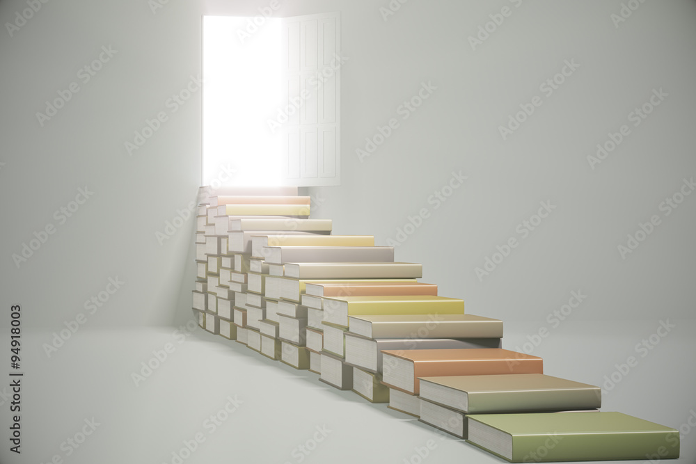 Book stairway and bright light from the open door