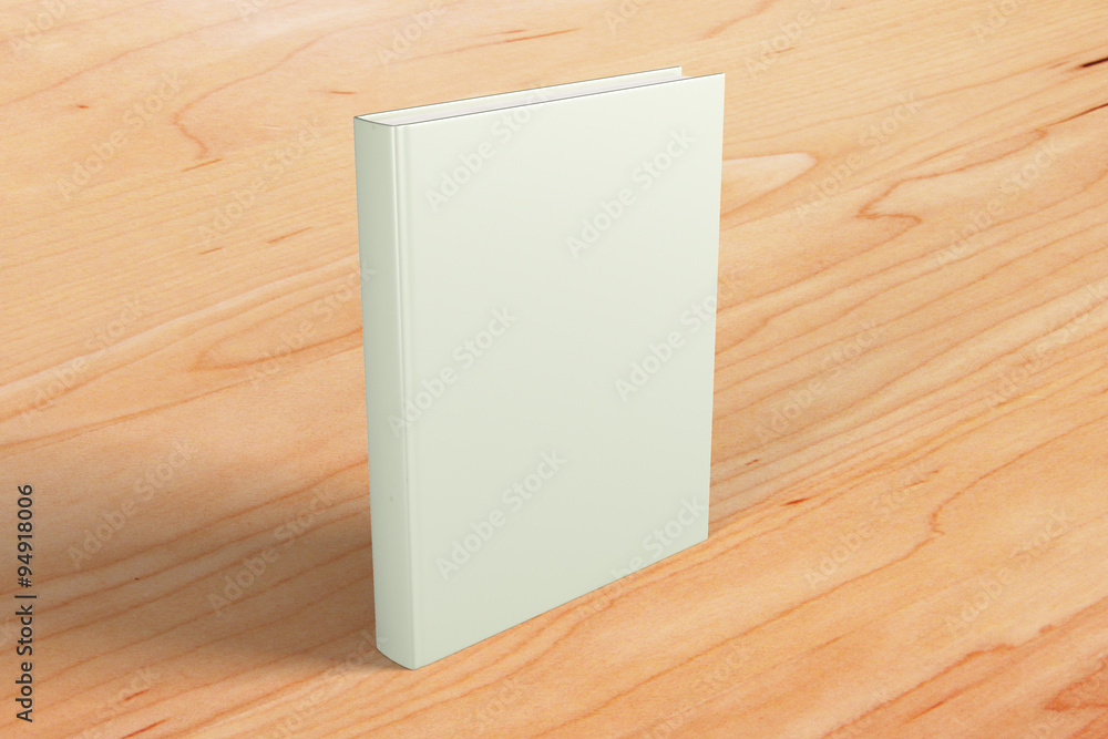 Blank white book cover on brown wooden floor, mock up