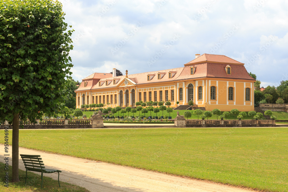 Orangery and park bench at Baroque garden Großsedlitz in Heidenau, Saxony