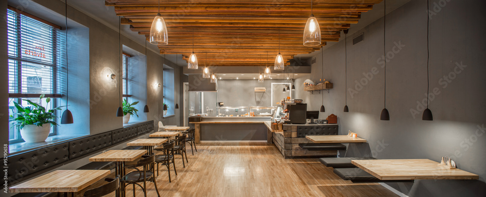 Interior of restaurant. Panorama. Wooden design.