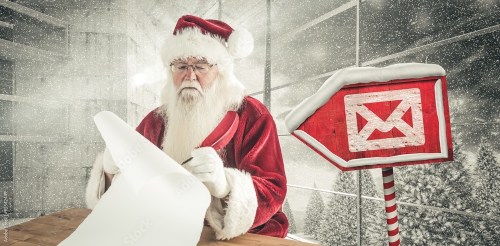 Composite image of santa writes something with a feather