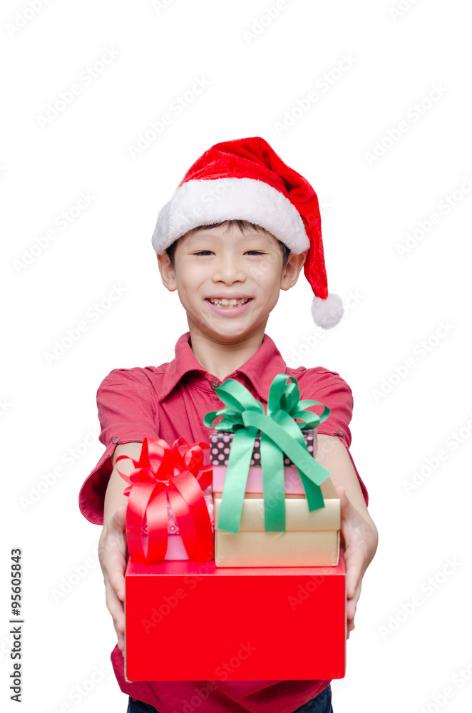 Little Asian boy holding many present boxes and smiles