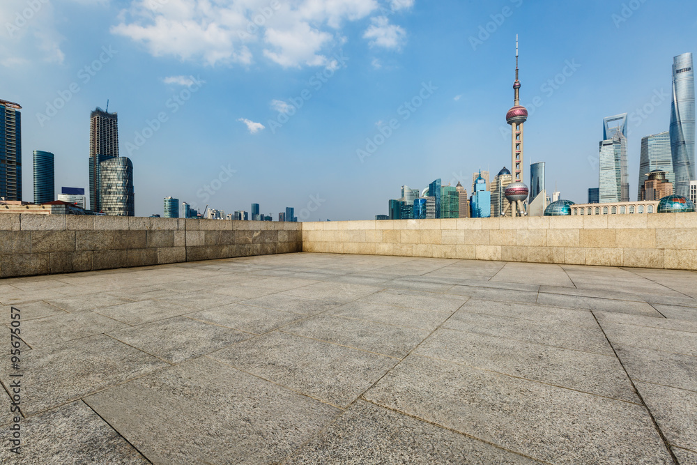 Shanghai Empty square with skyline and modern buildings,China