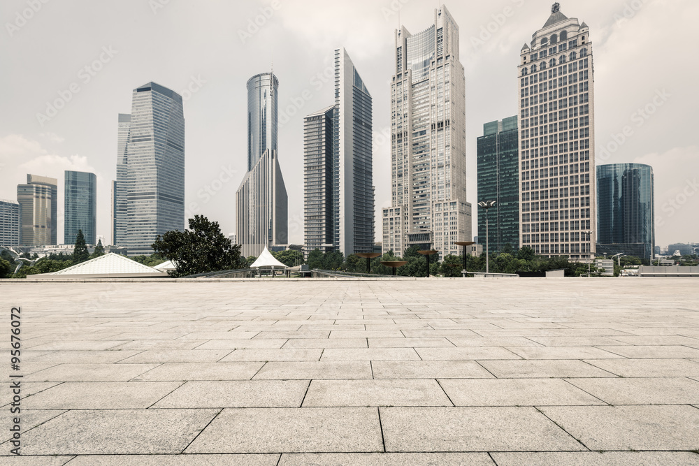 Shanghai Empty square with skyline and modern buildings,China